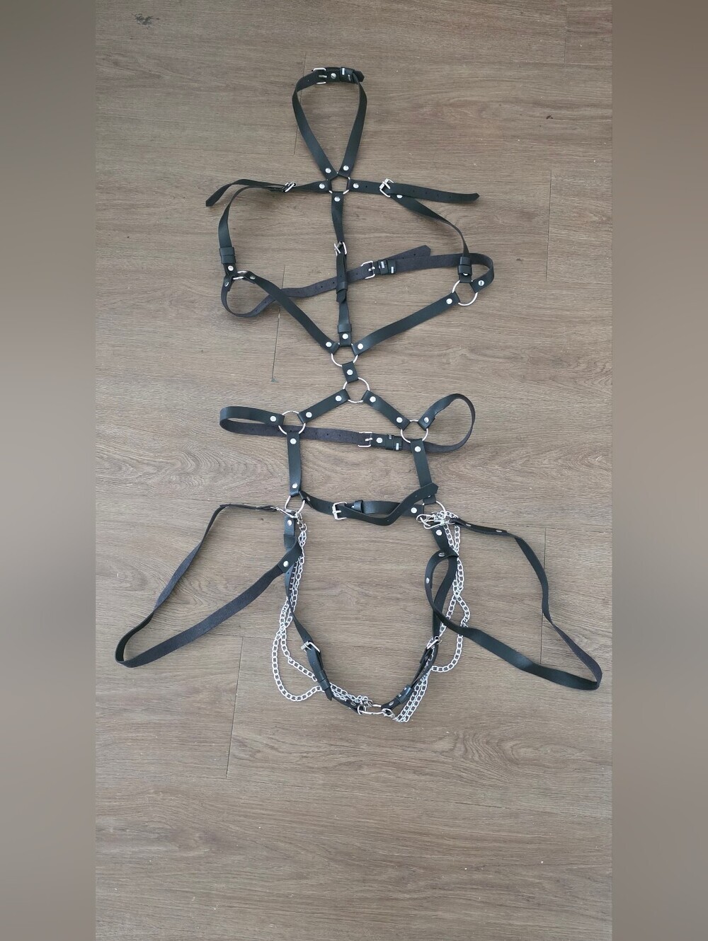 Black Leather Body Harness with Silver Chains